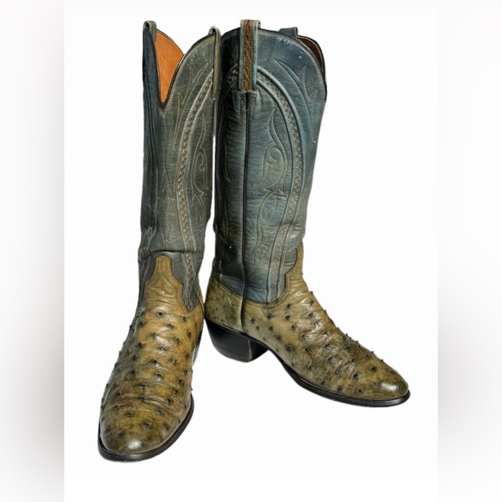 Lucchese Two-Tone Green Ostrich Heeled Cowboy Boots